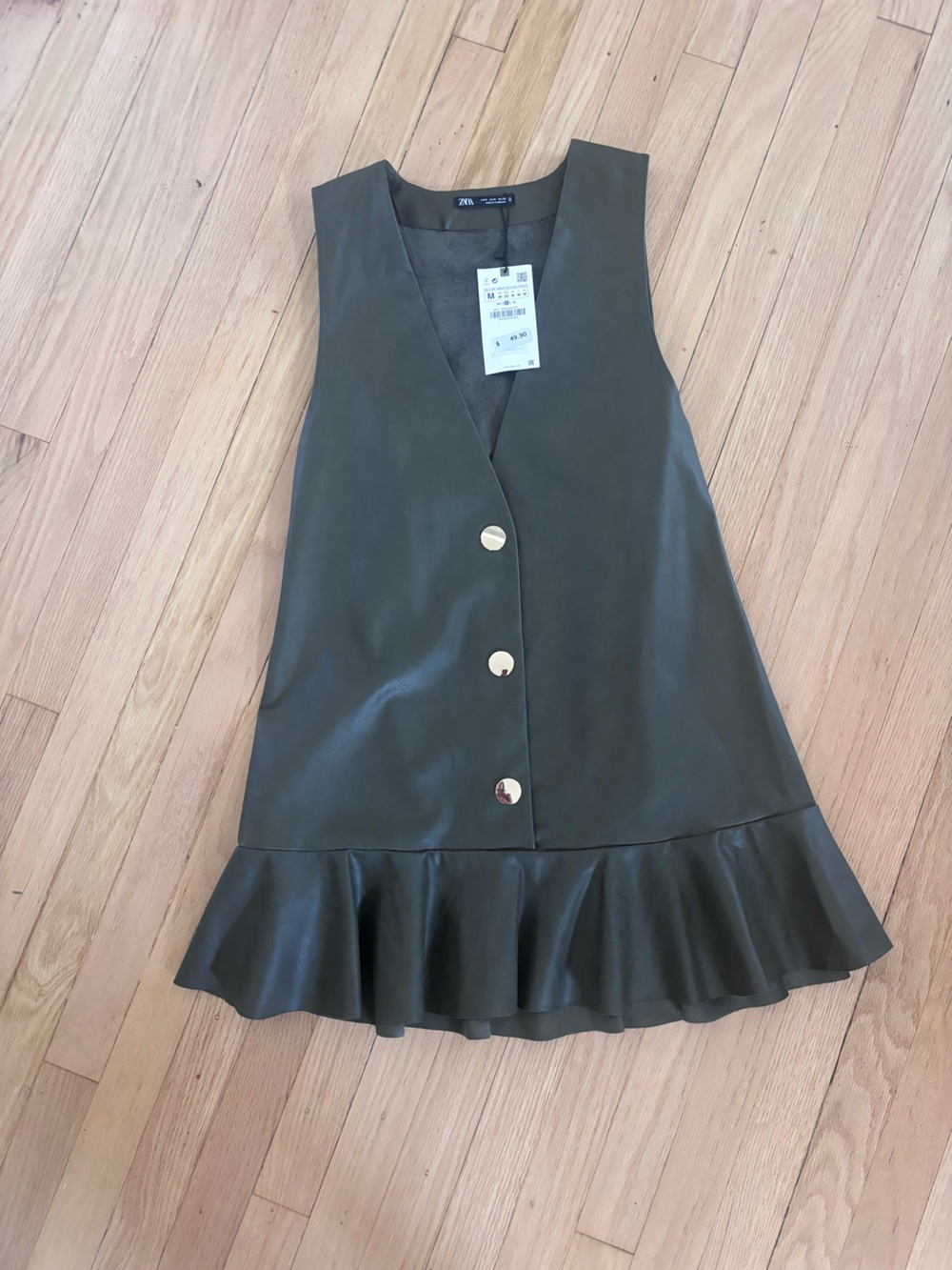 Zara Olive Green Faux Leather Mini Dress with Gold Buttons